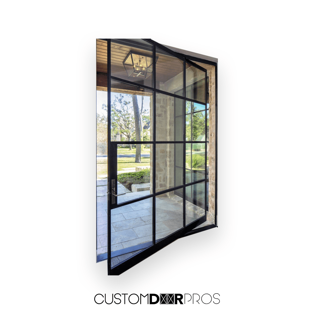 Modern Multi Pane Glass Pivot Door - Custom Iron Door Pros