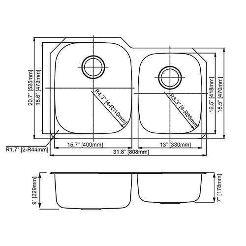 18g Standard Radius 60/40 Offset Double Bowl Undermount Stainless Steel Kitchen Sink - Dakota Sinks