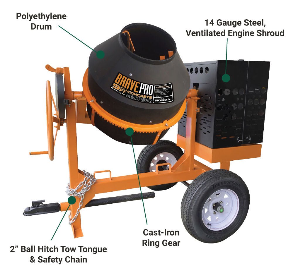 Brave Concrete Mixer | 9 Cu. Ft. Poly Drum | Honda GX270 - Brave