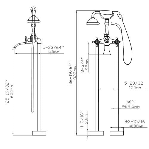 Dakota Sinks DSF-00BTF04CR Signature 36 1/4 Inch Floor Mounted Bathtub Filler - Dakota Sinks