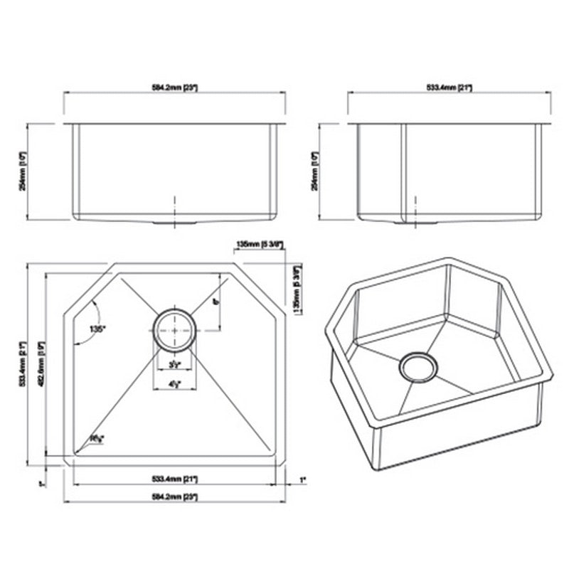 Dakota Sinks DSM-2321 Signature M-Series 23 Inch Micro Radius Single D-Bowl Undermount Kitchen Sink with Bottom Grid, Satin Brushed Nickel - Dakota Sinks