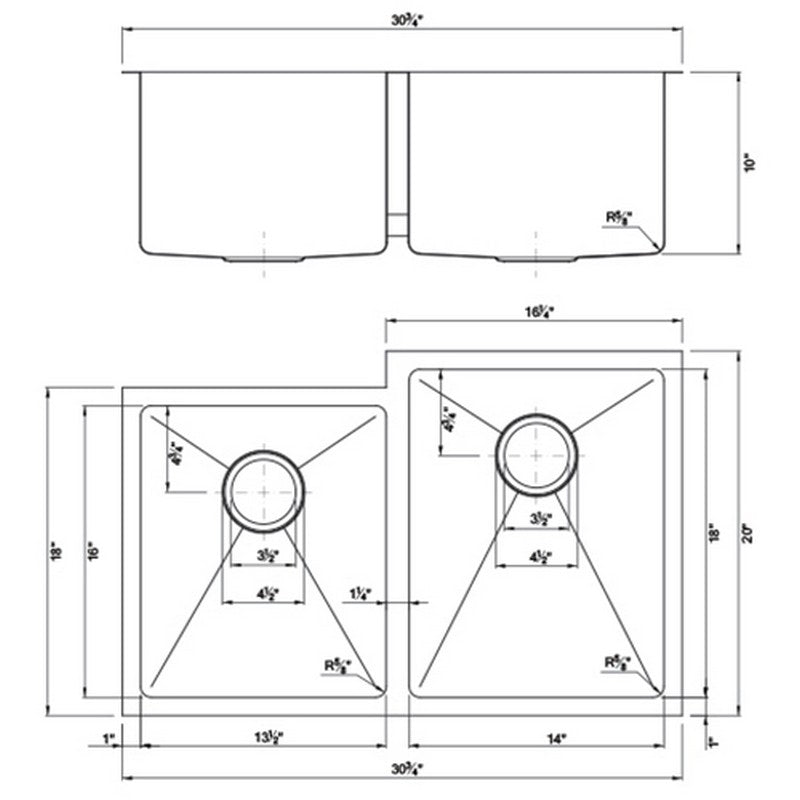 Dakota Sinks DSM-4060-1 Signature M-Series 30 3/4 Inch Micro Radius 40/60 Offset Double Bowl Undermount Kitchen Sink with Bottom Grid - Dakota Sinks