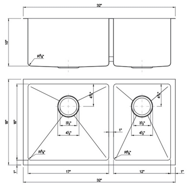 Dakota Sinks DSM-6040 Signature M-Series 32 Inch Micro Radius 60/40 Double Bowl Under-mount Kitchen Sink with Bottom Grid - Dakota Sinks