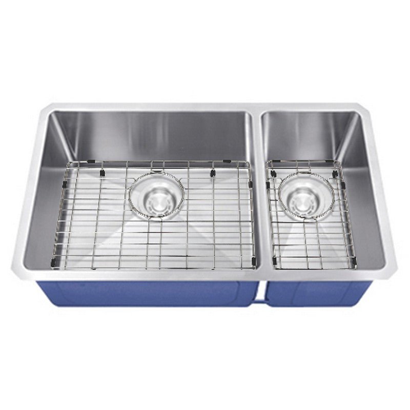 Dakota Sinks DSM-7030 Signature M-Series 32 x 10 Inch Micro Radius 70/30 Offset Double Bowl Undermount Kitchen Sink with Bottom Grid DSM-7030 Dakota Sinks Satin Brushed Nickel