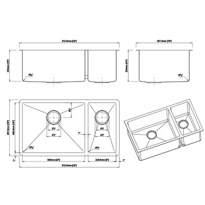 Dakota Sinks DSM-7030 Signature M-Series 32 x 10 Inch Micro Radius 70/30 Offset Double Bowl Undermount Kitchen Sink with Bottom Grid Dakota Sinks