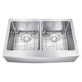 Dakota Sinks DSM-A5050 Signature M-Series 33 Inch Micro Radius Double Bowl Apron Front Kitchen Sink with Bottom Grid - Dakota Sinks