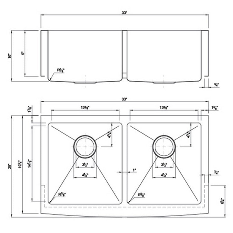 Dakota Sinks DSM-A5050 Signature M-Series 33 Inch Micro Radius Double Bowl Apron Front Kitchen Sink with Bottom Grid - Dakota Sinks