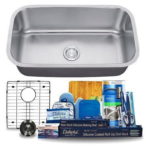 Dakota Sinks DSR-3018 Signature R-Series 30 Inch Standard Radius D-Single Bowl Undermount Stainless Steel Kitchen Sink with Bottom Grid - Satin Brushed Nickel - Dakota Sinks