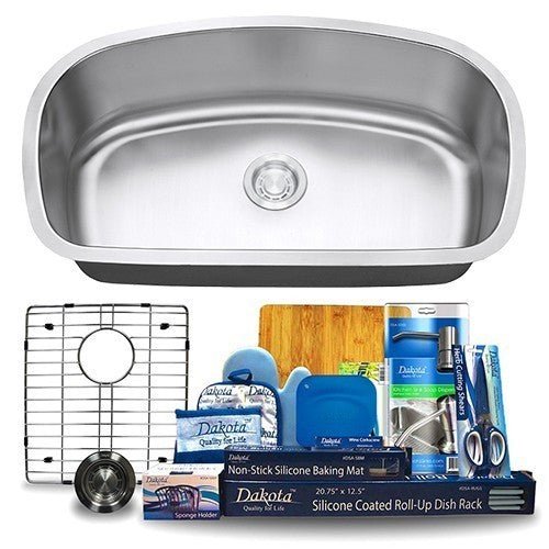 Dakota Sinks DSR-3319 Signature R-Series 32 1/2 Inch Standard Radius Single D-Bowl Undermount Stainless Steel Kitchen Sink with Bottom Grid - Satin Brushed Nickel - Dakota Sinks