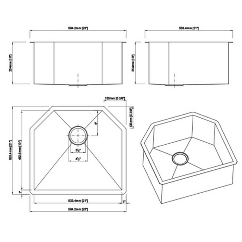 Dakota Sinks DSZ-2321 Signature Z-Series 23 Inch Zero Radius Single D-Bowl Undermount Stainless Steel Kitchen Sink with Bottom Grid - Dakota Sinks