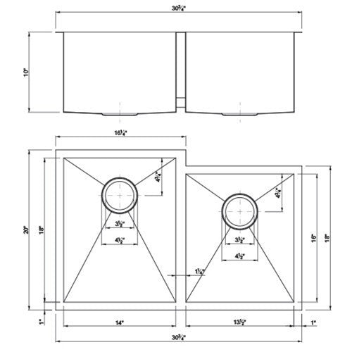 Dakota Sinks DSZ-6040-1 Signature Z-Series 30 3/4 Inch Zero Radius 60/40 Offset Double Bowl Undermount Stainless Steel Kitchen Sink with Bottom Grid - Dakota Sinks