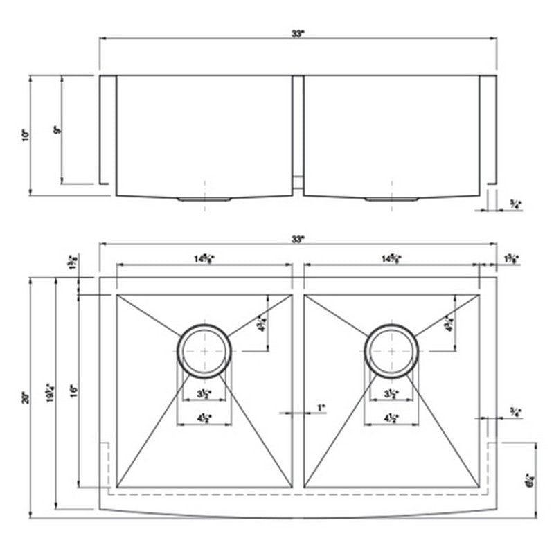 Dakota Sinks DSZ-A5050 Signature Z-Series 33 Inch Zero Radius 50/50 Double Bowl Apron Front Stainless Steel Kitchen Sink with Bottom Grid - Dakota Sinks