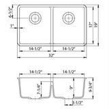 Dakota Sinks GSE-QC5050LD-BE Builders Elements Series 32 Inch Quartz Composite 50/50 Low Divide Double Bowl Undermount Kitchen Sink - Dakota Sinks