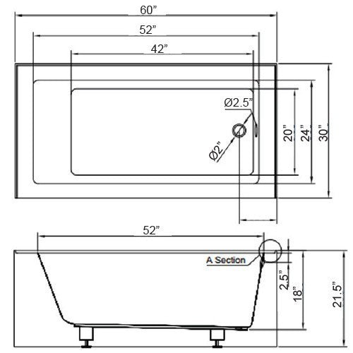 Dakota Sinks UST-ALLC01SNW Signature 60 x 30 Inch Alcove Rectangle Left Hand Drain Bathtub with Nested Tile Flange - White - Dakota Sinks