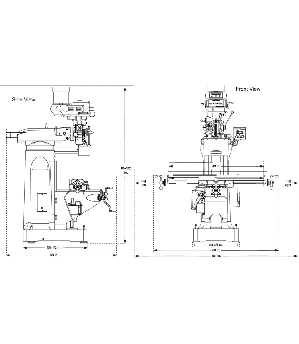 EVS-949 Mill with 2-Axis ACU-RITE 203 DRO and Servo X, Y, Z-Axis Powerfeeds Jet