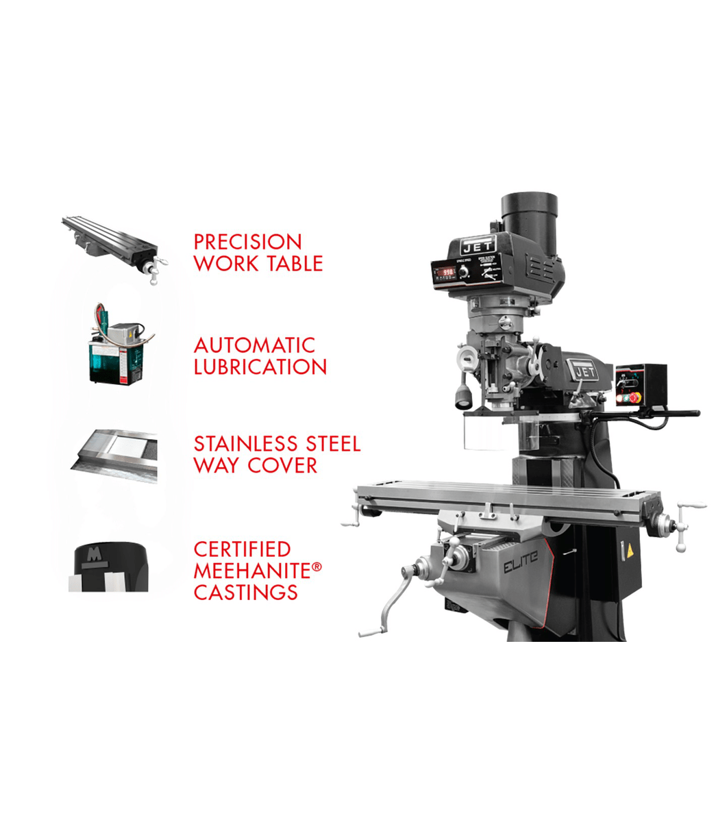 EVS-949 Mill with 2-Axis ACU-RITE 203 DRO and Servo X, Y, Z-Axis Powerfeeds Jet