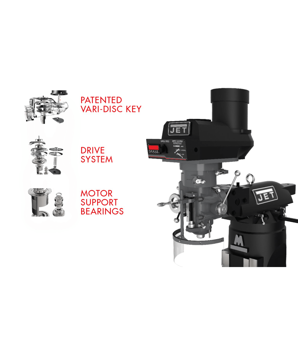 EVS-949 Mill with 2-Axis ACU-RITE 203 DRO and Servo X, Y, Z-Axis Powerfeeds Jet