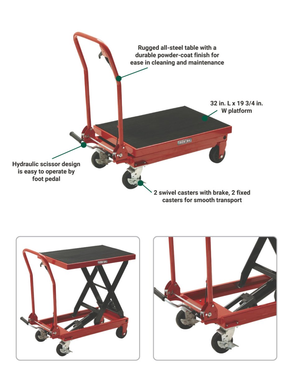 Ironton Hydraulic Table Cart | 1,000-Lb. Capacity | 34 3/4-In. Lift - Ironton