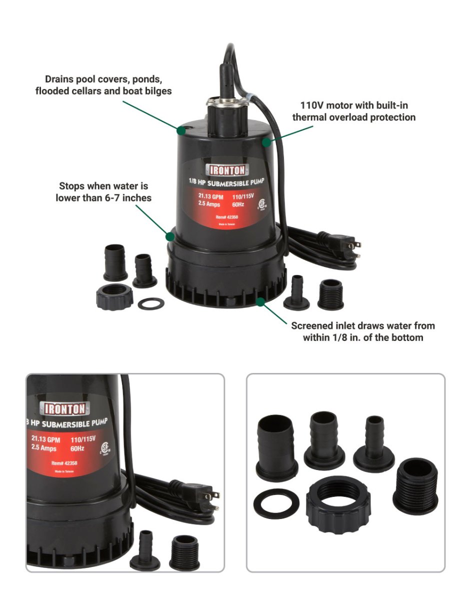 Ironton Submersible Pump | 1,268 Gpm | 1/8-HP | 1-In. Port - Ironton